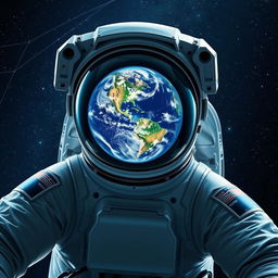 An astronaut in a space suit, with a heart-shaped reflection of Earth in the visor of their helmet