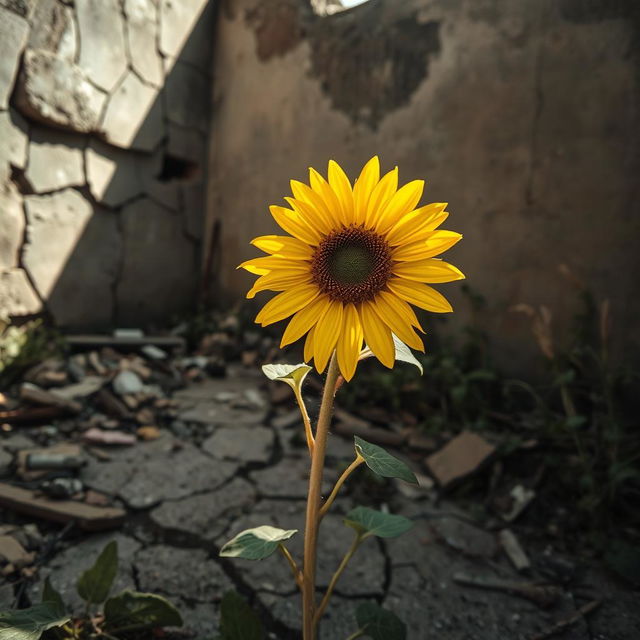 A striking sunflower reaching out in a degraded environment, symbolizing its search for light and life