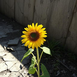 A striking sunflower reaching out in a degraded environment, symbolizing its search for light and life