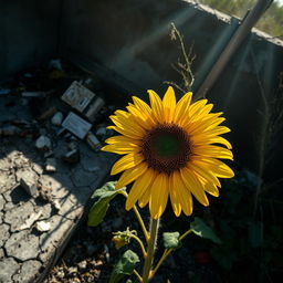 A striking sunflower reaching out in a degraded environment, symbolizing its search for light and life