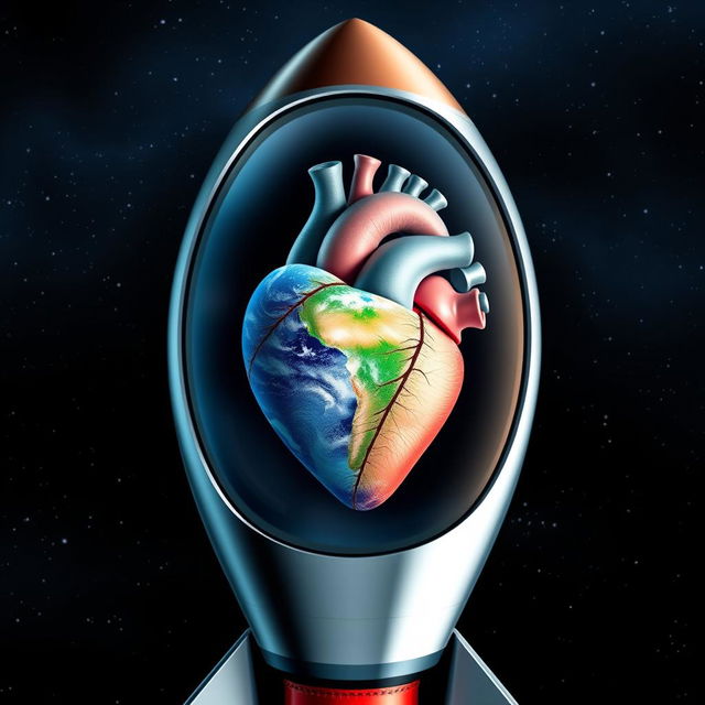 A space rocket window reflecting a heart-shaped organ that symbolizes Earth, showcasing vibrant colors and intricate details of the heart structure