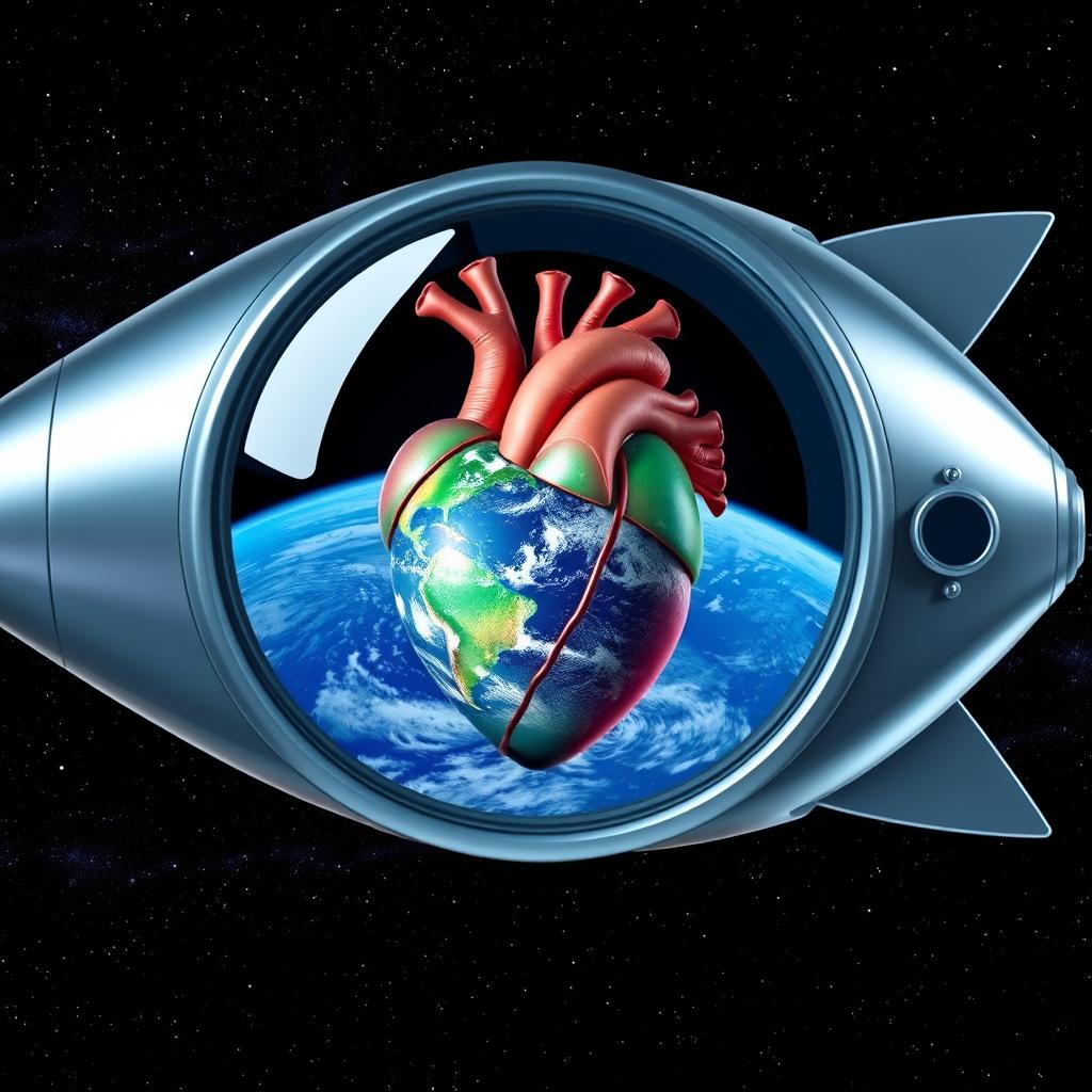 A space rocket window reflecting a heart-shaped organ that symbolizes Earth, showcasing vibrant colors and intricate details of the heart structure