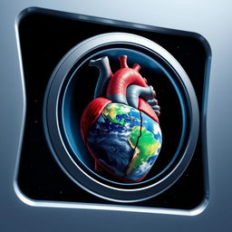 A space rocket window reflecting a heart-shaped organ that symbolizes Earth, showcasing vibrant colors and intricate details of the heart structure