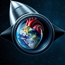 A space rocket window reflecting a heart-shaped organ that symbolizes Earth, showcasing vibrant colors and intricate details of the heart structure