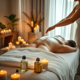 A peaceful and serene setting for a tantric massage, focusing on relaxation and intimacy