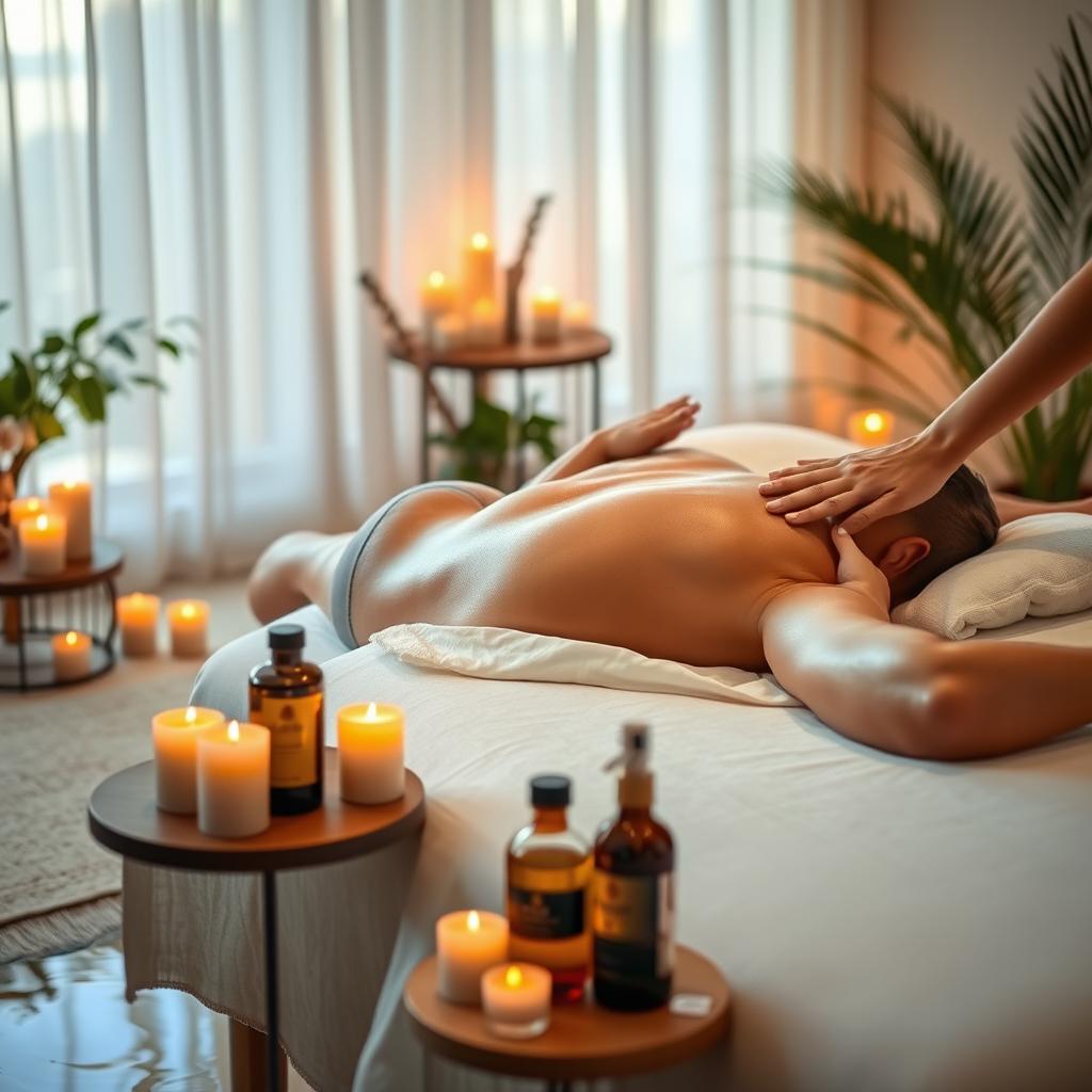 A peaceful and serene setting for a tantric massage, focusing on relaxation and intimacy