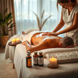 A peaceful and serene setting for a tantric massage, focusing on relaxation and intimacy