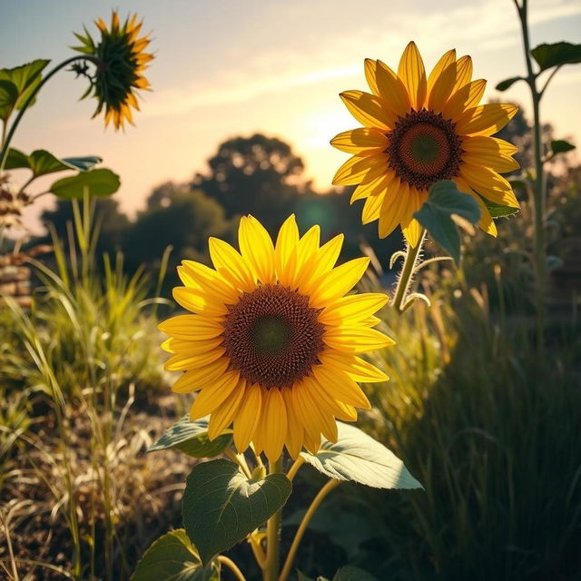 A radiant sunflower standing tall in a beautifully degraded environment, searching for sunlight