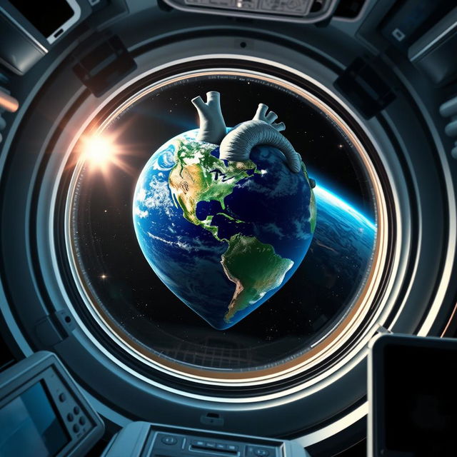 A realistic depiction of Earth as seen through the window of a space rocket, where the planet is artistically formed in the shape of an anatomical heart