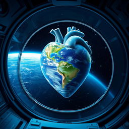 A realistic depiction of Earth as seen through the window of a space rocket, where the planet is artistically formed in the shape of an anatomical heart