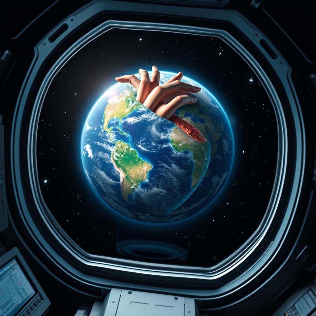 A realistic depiction of Earth as seen through the window of a space rocket, where the planet is artistically formed in the shape of an anatomical heart