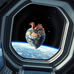 A realistic depiction of Earth as seen through the window of a space rocket, where the planet is artistically formed in the shape of an anatomical heart