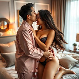 A romantic scene featuring a handsome Chinese man wearing soft, cozy pajamas, embracing and kissing a beautiful, sexy woman in a stylishly decorated bedroom