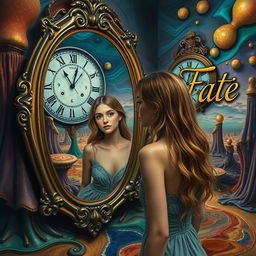 A beautiful, stunning girl gazes into a mirror in a surreal, psychedelic landscape inspired by Salvador Dali