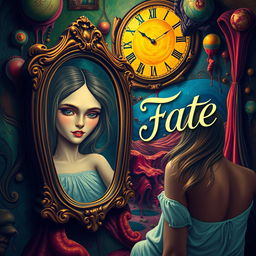 A beautiful, stunning girl gazes into a mirror in a surreal, psychedelic landscape inspired by Salvador Dali