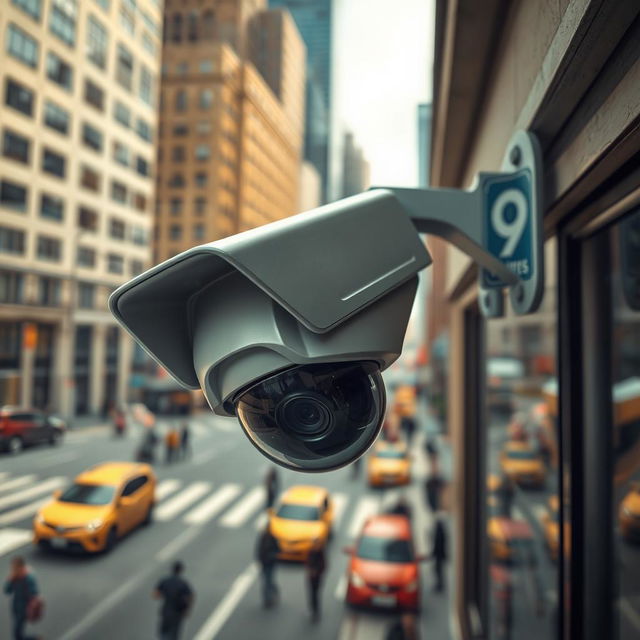 A detailed and artistic representation of a surveillance camera mounted in an urban environment