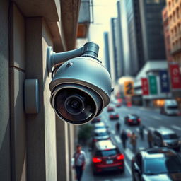 A detailed and artistic representation of a surveillance camera mounted in an urban environment