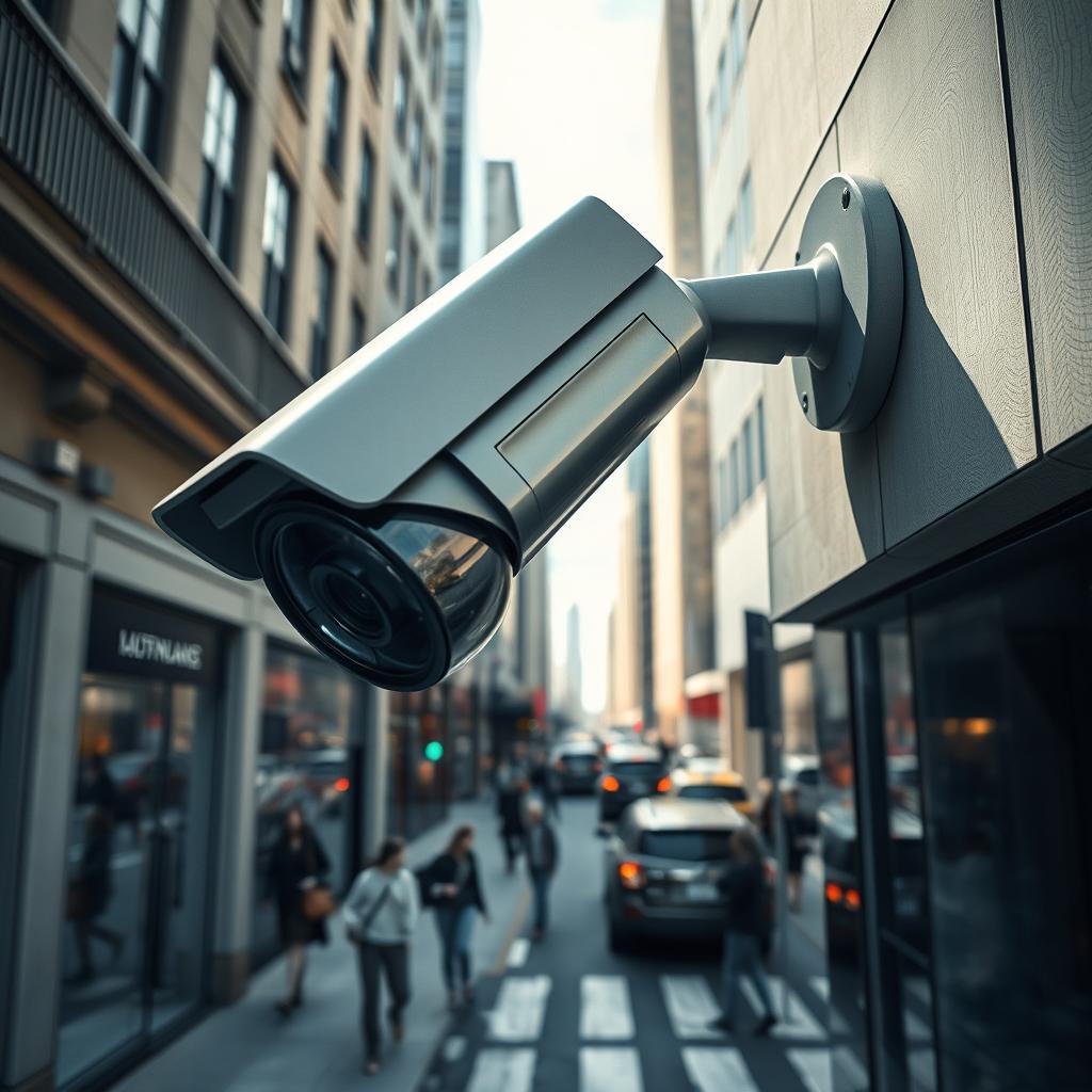 A detailed and artistic representation of a surveillance camera mounted in an urban environment