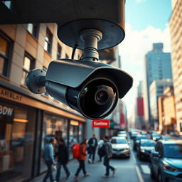 A detailed and artistic representation of a surveillance camera mounted in an urban environment