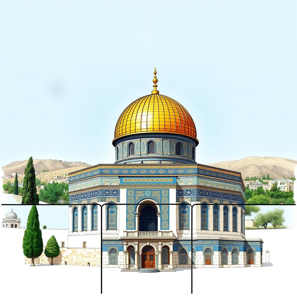 A detailed illustration of the iconic Dome of the Rock in Jerusalem, depicted in sections suitable for printing