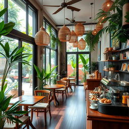 A beautifully designed Indonesian café interior with a cozy atmosphere, featuring traditional wooden furniture, bamboo decorations, and lush greenery