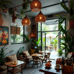 A beautifully designed Indonesian café interior with a cozy atmosphere, featuring traditional wooden furniture, bamboo decorations, and lush greenery