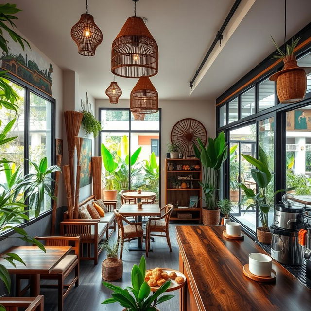 A beautifully designed Indonesian café interior with a cozy atmosphere, featuring traditional wooden furniture, bamboo decorations, and lush greenery