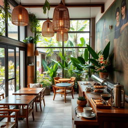 A beautifully designed Indonesian café interior with a cozy atmosphere, featuring traditional wooden furniture, bamboo decorations, and lush greenery