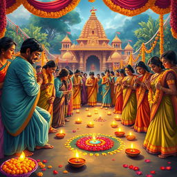 A vibrant and celebratory depiction of a Hindu festival, showcasing devotees engaged in traditional rituals