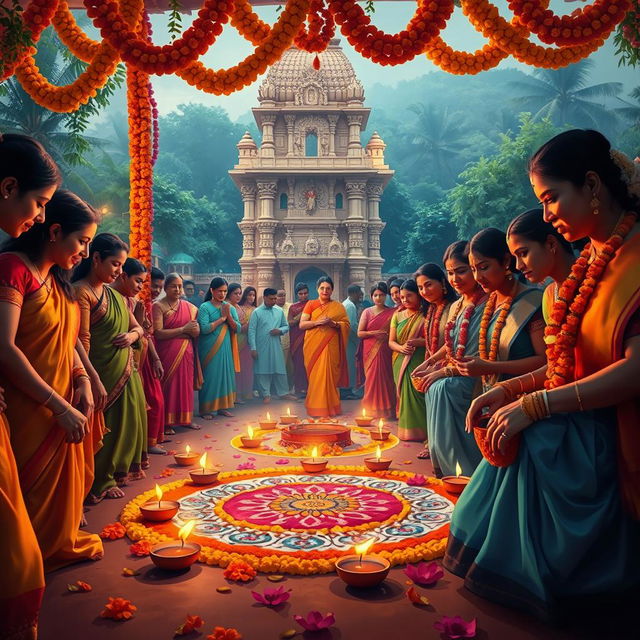 A vibrant and celebratory depiction of a Hindu festival, showcasing devotees engaged in traditional rituals