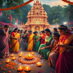 A vibrant and celebratory depiction of a Hindu festival, showcasing devotees engaged in traditional rituals