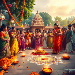 A vibrant and celebratory depiction of a Hindu festival, showcasing devotees engaged in traditional rituals