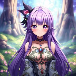 a beautiful anime futanari girl with long flowing purple hair and large expressive eyes