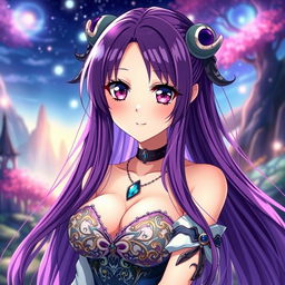 a beautiful anime futanari girl with long flowing purple hair and large expressive eyes