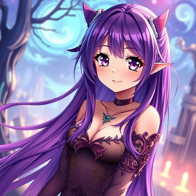 a beautiful anime futanari girl with long flowing purple hair and large expressive eyes