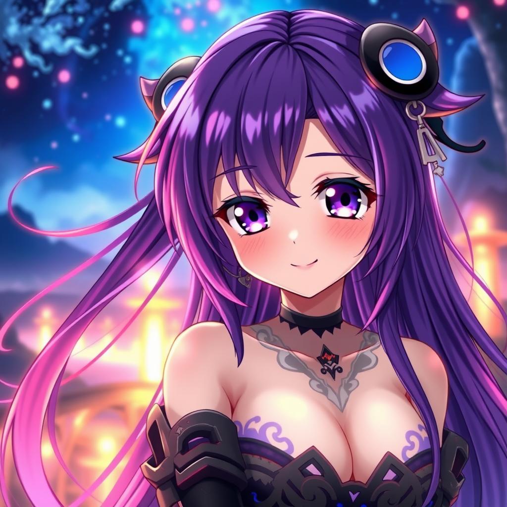 a beautiful anime futanari girl with long flowing purple hair and large expressive eyes