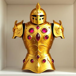 A beautiful golden armor displayed on a shelf, featuring four rubies that look like eyes embedded in the chest piece, designed in a vibrant animated style