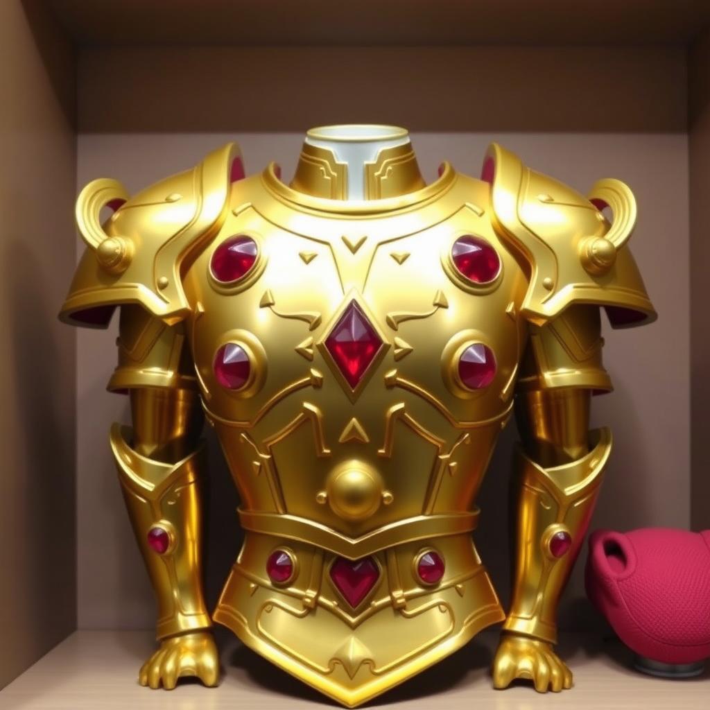 A beautiful golden armor displayed on a shelf, featuring four rubies that look like eyes embedded in the chest piece, designed in a vibrant animated style