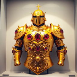 A beautiful golden armor displayed on a shelf, featuring four rubies that look like eyes embedded in the chest piece, designed in a vibrant animated style