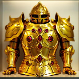 A beautiful golden armor displayed on a shelf, featuring four rubies that look like eyes embedded in the chest piece, designed in a vibrant animated style