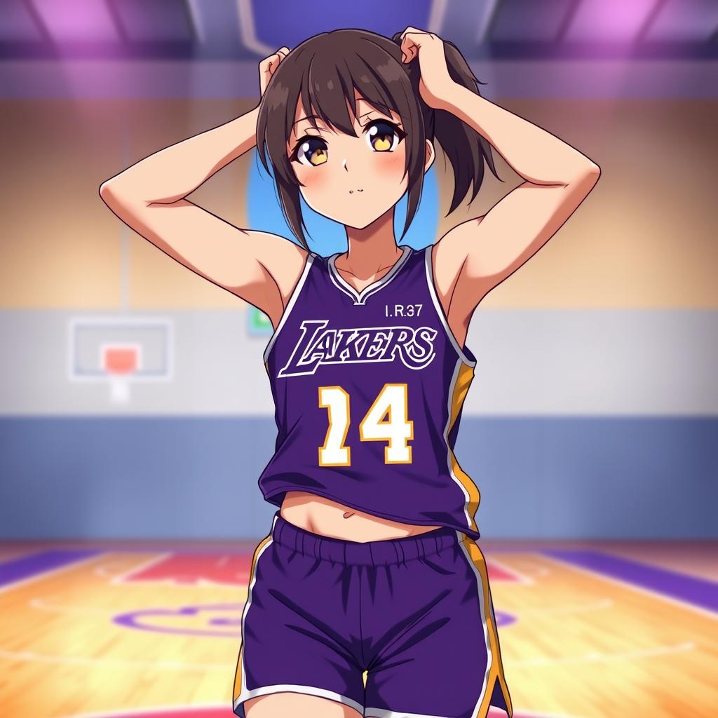 A shy anime girl wearing a purple and gold Los Angeles Lakers uniform, with her arms playfully behind her head, showcasing her strong and toned abs