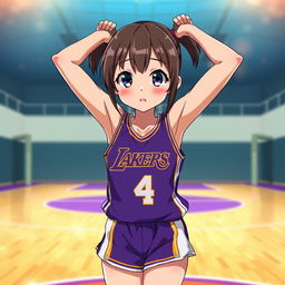A shy anime girl wearing a purple and gold Los Angeles Lakers uniform, with her arms playfully behind her head, showcasing her strong and toned abs