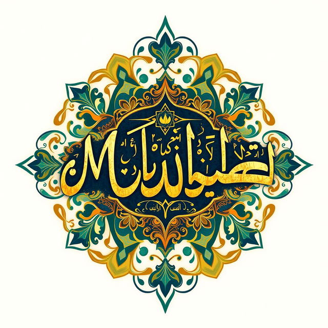 An artistic and elegant depiction of the name 'Muhammad' in beautiful calligraphy, surrounded by intricate geometric patterns and floral designs inspired by Islamic art