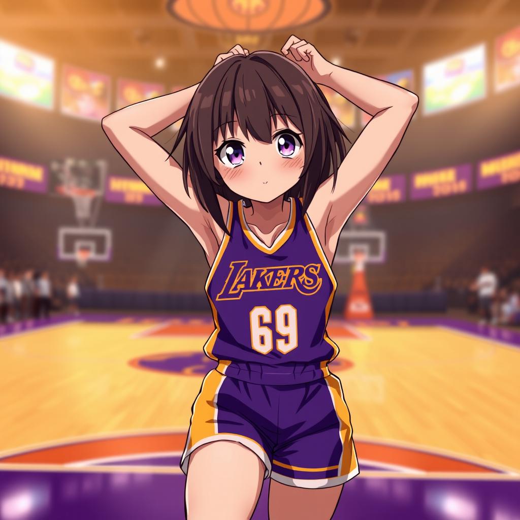 A shy anime girl in a stylish purple and gold Los Angeles Lakers uniform, with her arms gracefully behind her head, revealing her impressive six-pack abs