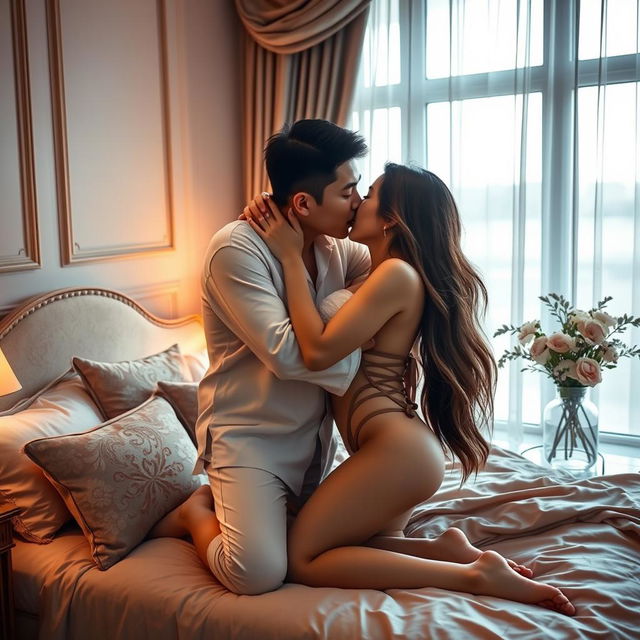 A romantic scene of a handsome Chinese man in soft, cozy pajamas embracing and kissing a beautiful, sexy woman in a tastefully decorated bedroom