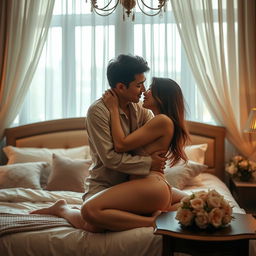 A romantic scene of a handsome Chinese man in soft, cozy pajamas embracing and kissing a beautiful, sexy woman in a tastefully decorated bedroom
