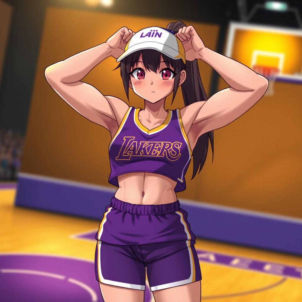 A muscular shy anime girl in a striking purple and gold Los Angeles Lakers uniform, with her arms confidently positioned behind her head, showcasing her impressive six-pack abs