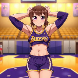 A muscular shy anime girl in a striking purple and gold Los Angeles Lakers uniform, with her arms confidently positioned behind her head, showcasing her impressive six-pack abs