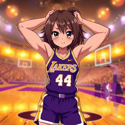 A muscular shy anime girl in a striking purple and gold Los Angeles Lakers uniform, with her arms confidently positioned behind her head, showcasing her impressive six-pack abs