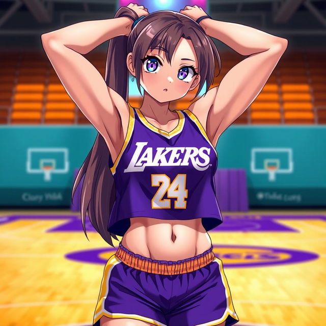 A muscular shy anime girl in a striking purple and gold Los Angeles Lakers uniform, with her arms confidently positioned behind her head, showcasing her impressive six-pack abs